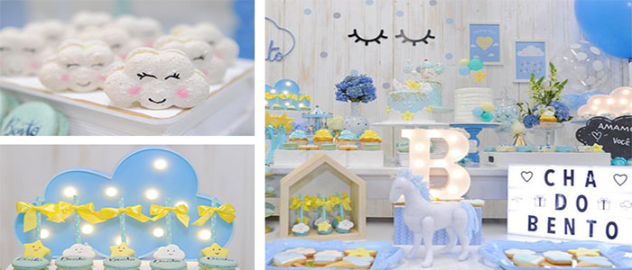 Chá de bebê Doces Sonhos usa nuvens na decoração