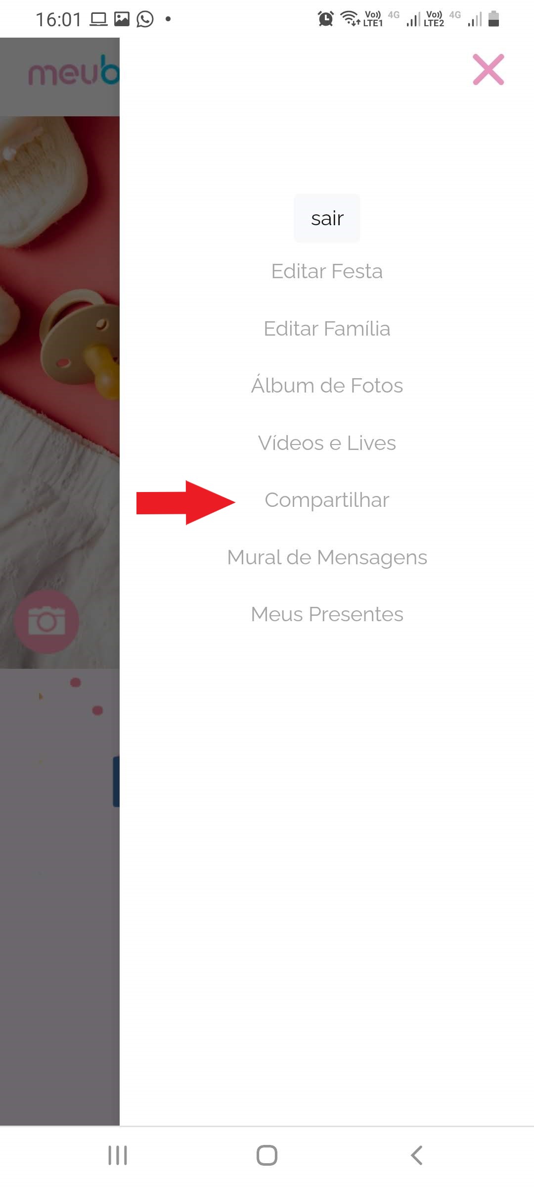 Menu como compartilhar o seu site de Chá de Bebê