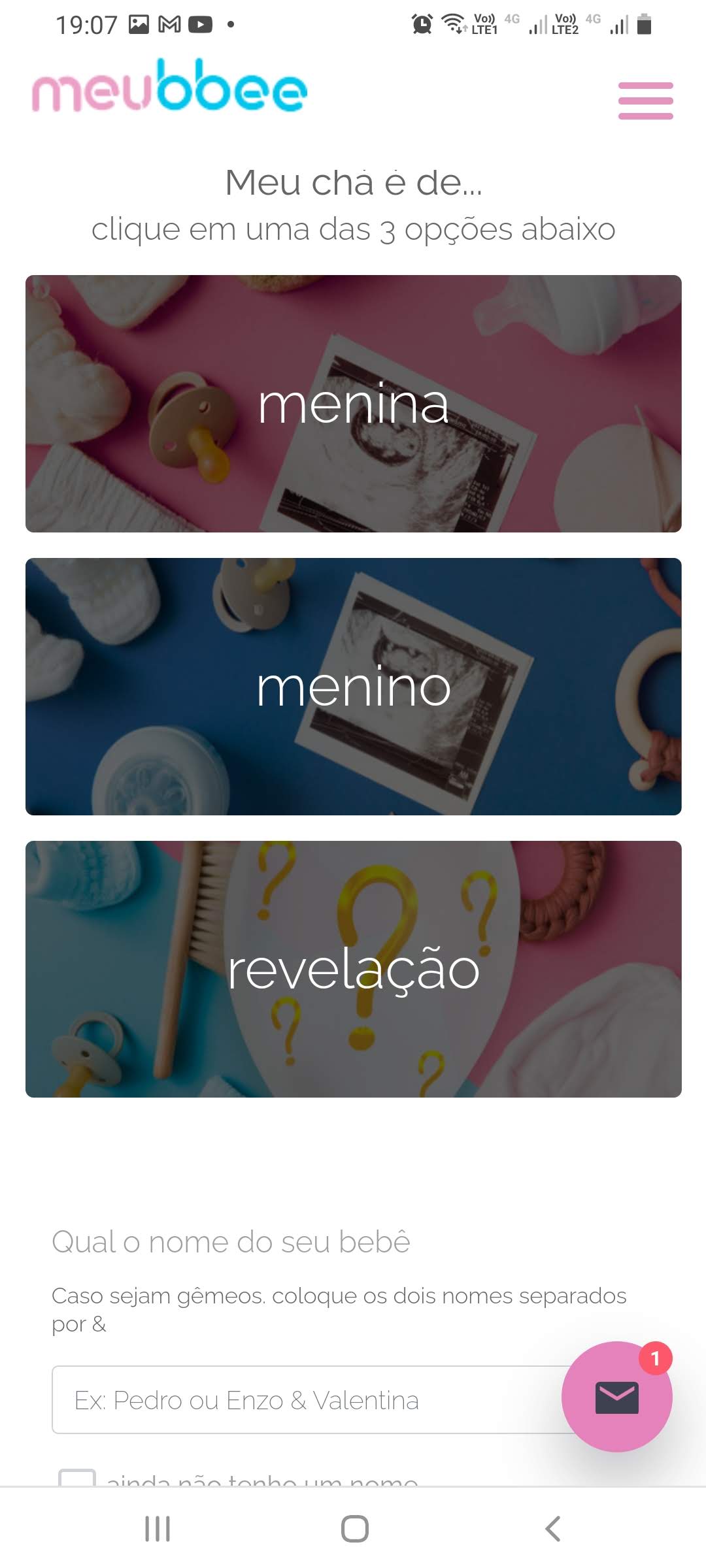 Escolha um tipo de Chá de Bebê, Fraldas, Revelação ou Rifa
