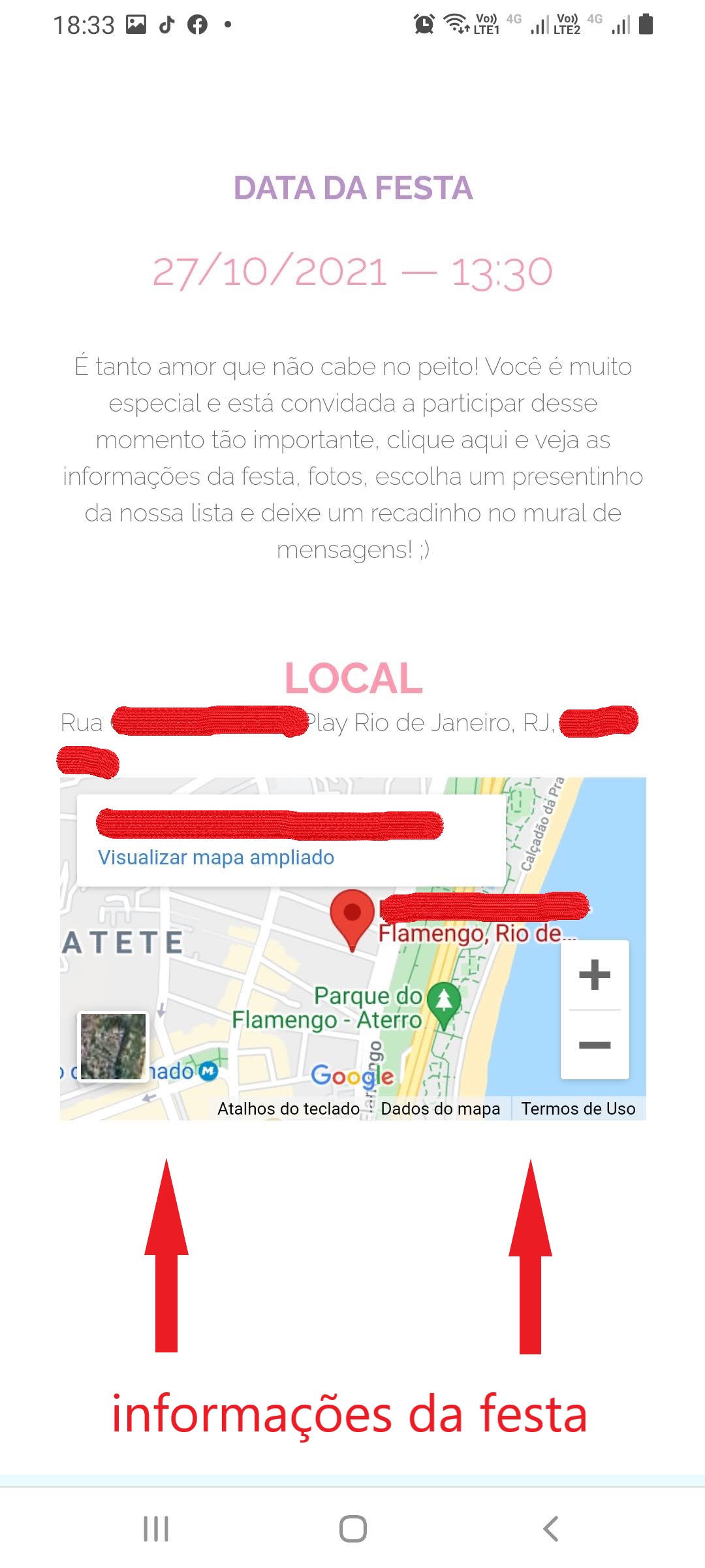 Texto do convite, dia, hora, endereço e mapa do seu site grátis de chá de bebê online
