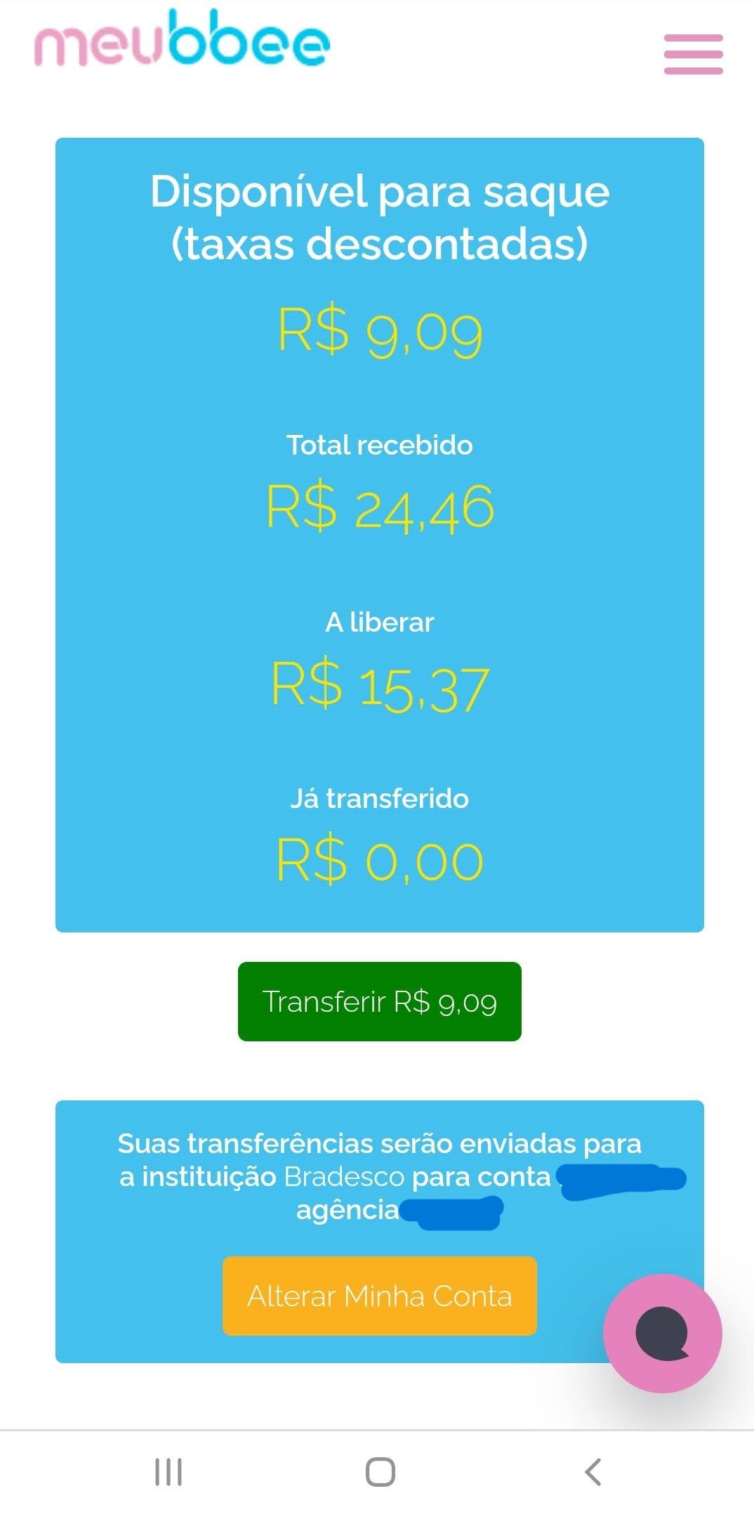 Painel de Presentes Meubbee - Transferir para conta bancária